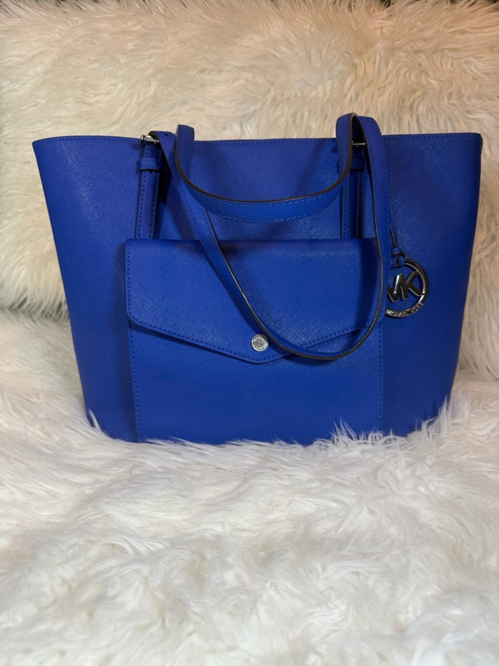 Michael Kors Royal Blue Saffiano Tote with Front Pocket and MK Charm